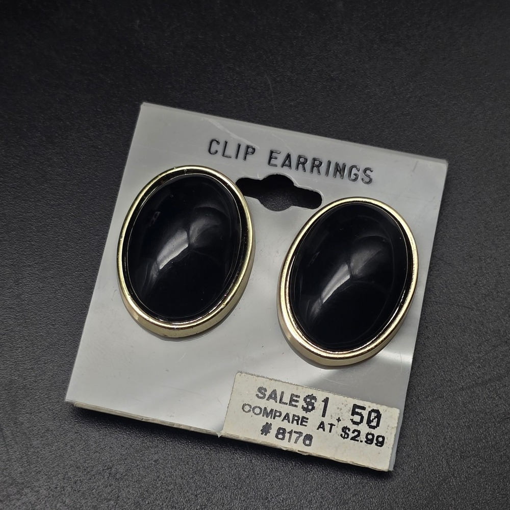 Vintage Black Oval Clip On Earrings NOS On Card